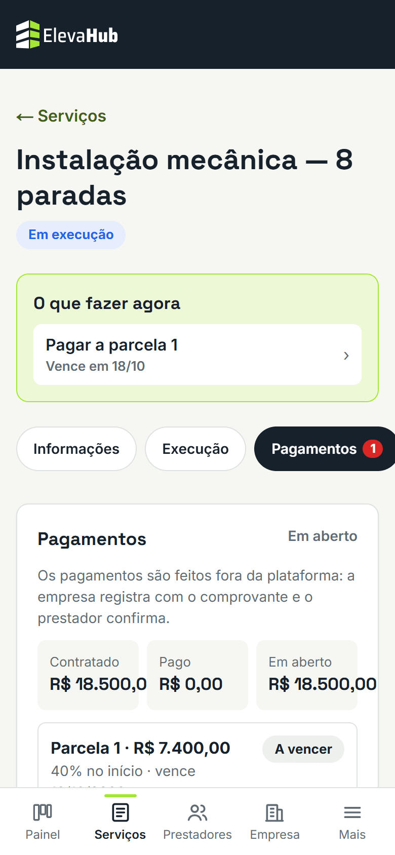 Tela do ElevaHub: Acompanhe pela página do serviço