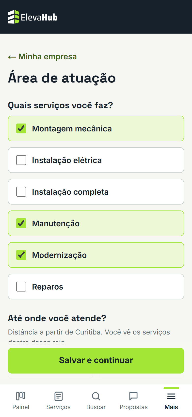 Tela do ElevaHub: Abra Área de atuação