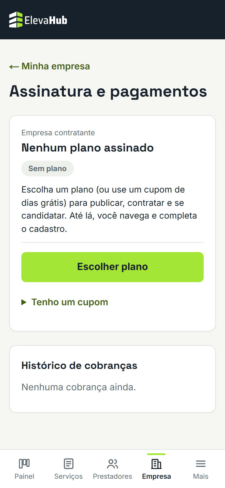 Tela do ElevaHub: Abra a assinatura