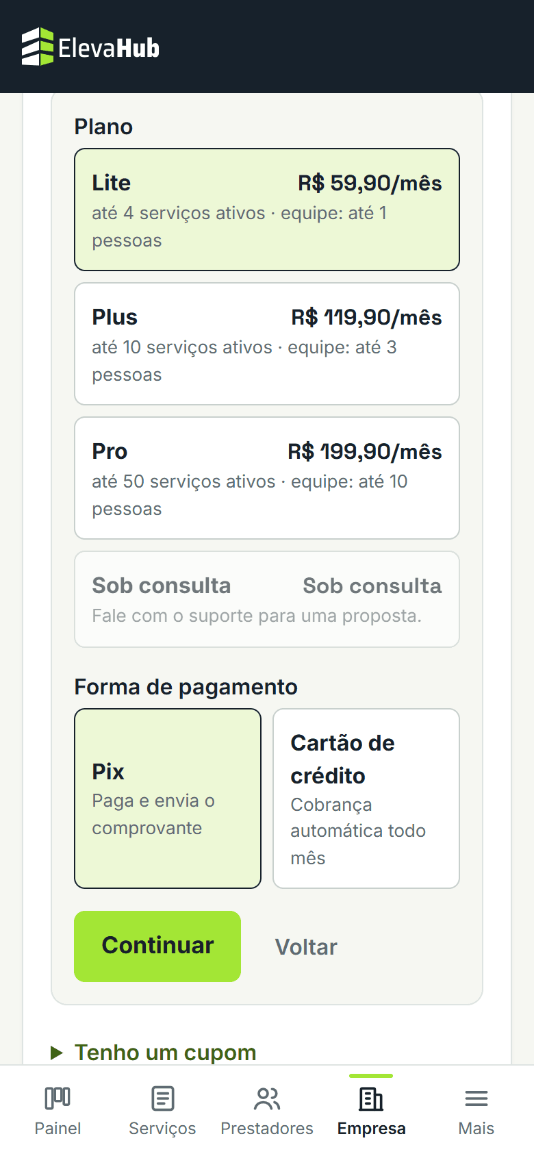 Tela do ElevaHub: Escolha o plano e a forma de pagamento