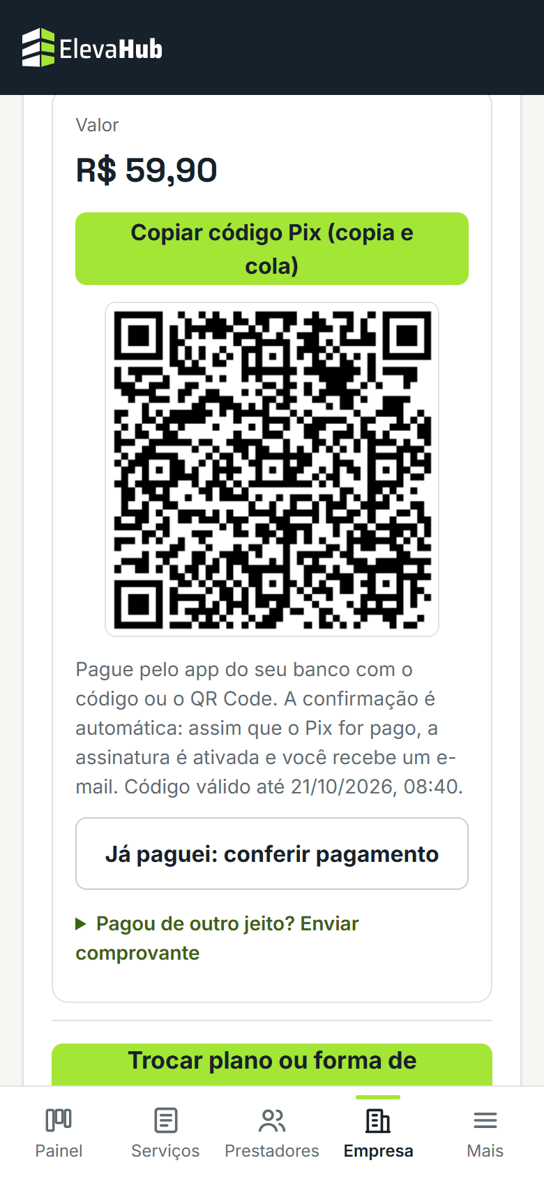 Tela do ElevaHub: Pagando com Pix