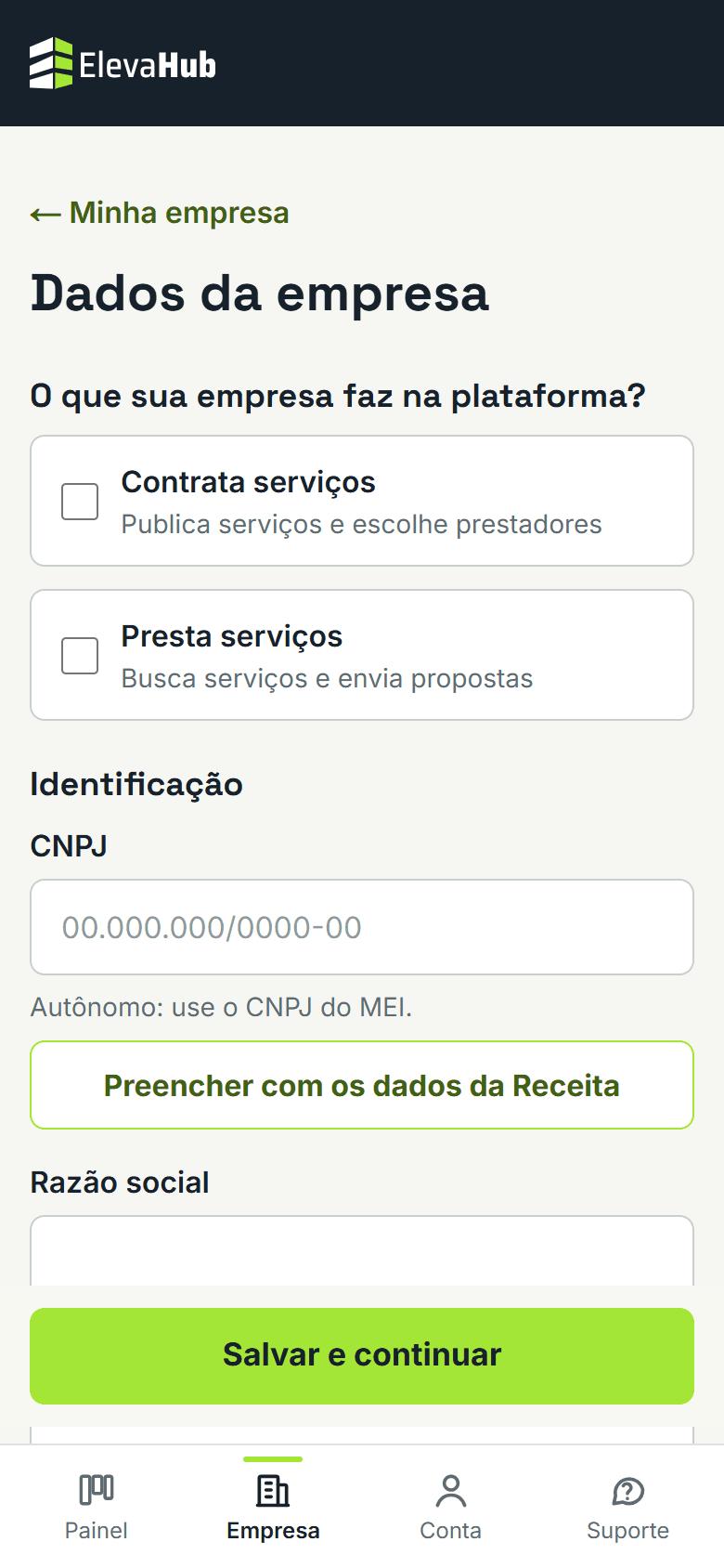 Tela do ElevaHub: Escolha o que a sua empresa faz
