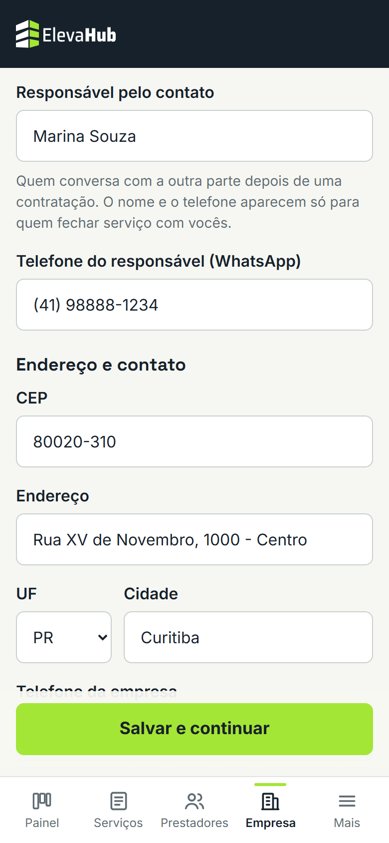 Tela do ElevaHub: Complete os dados de contato
