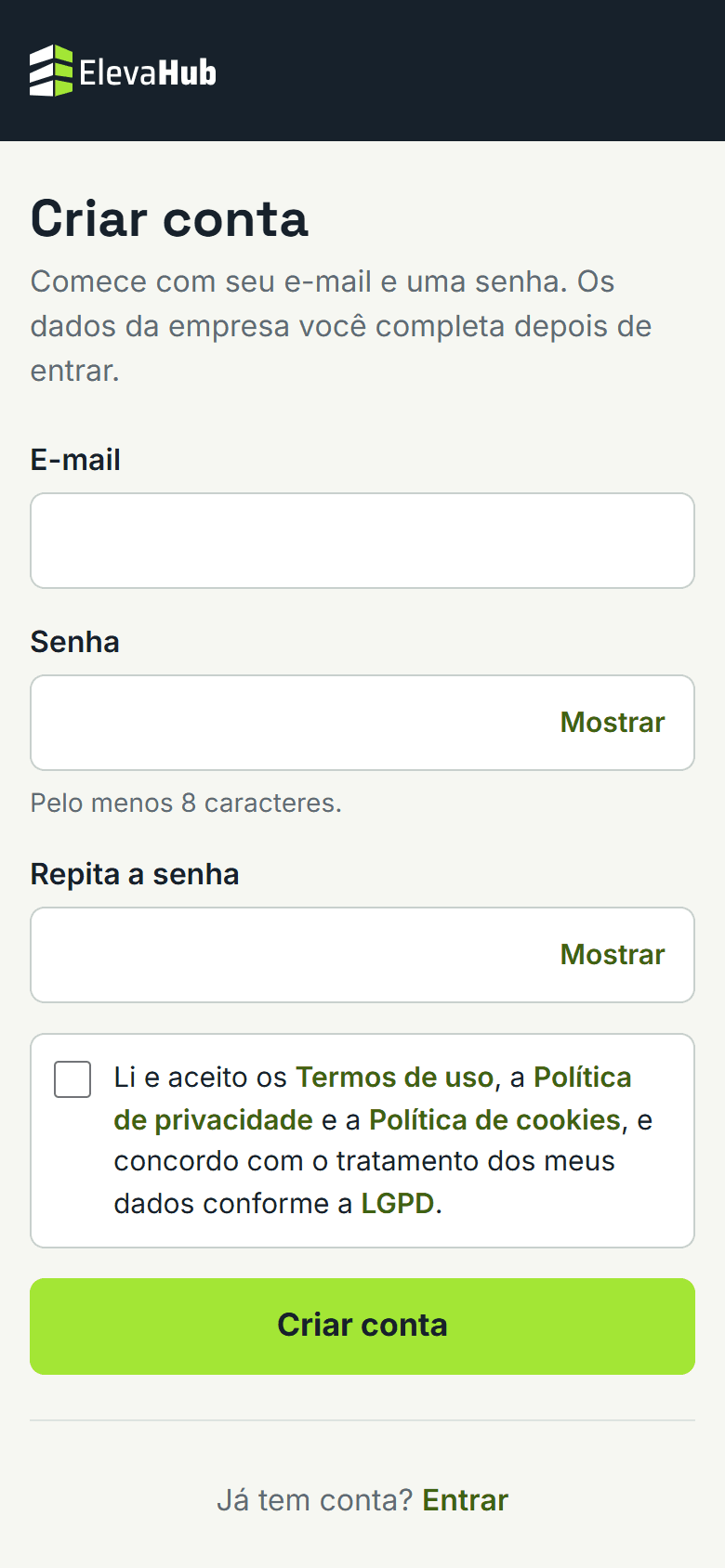 Tela do ElevaHub: Abra o cadastro