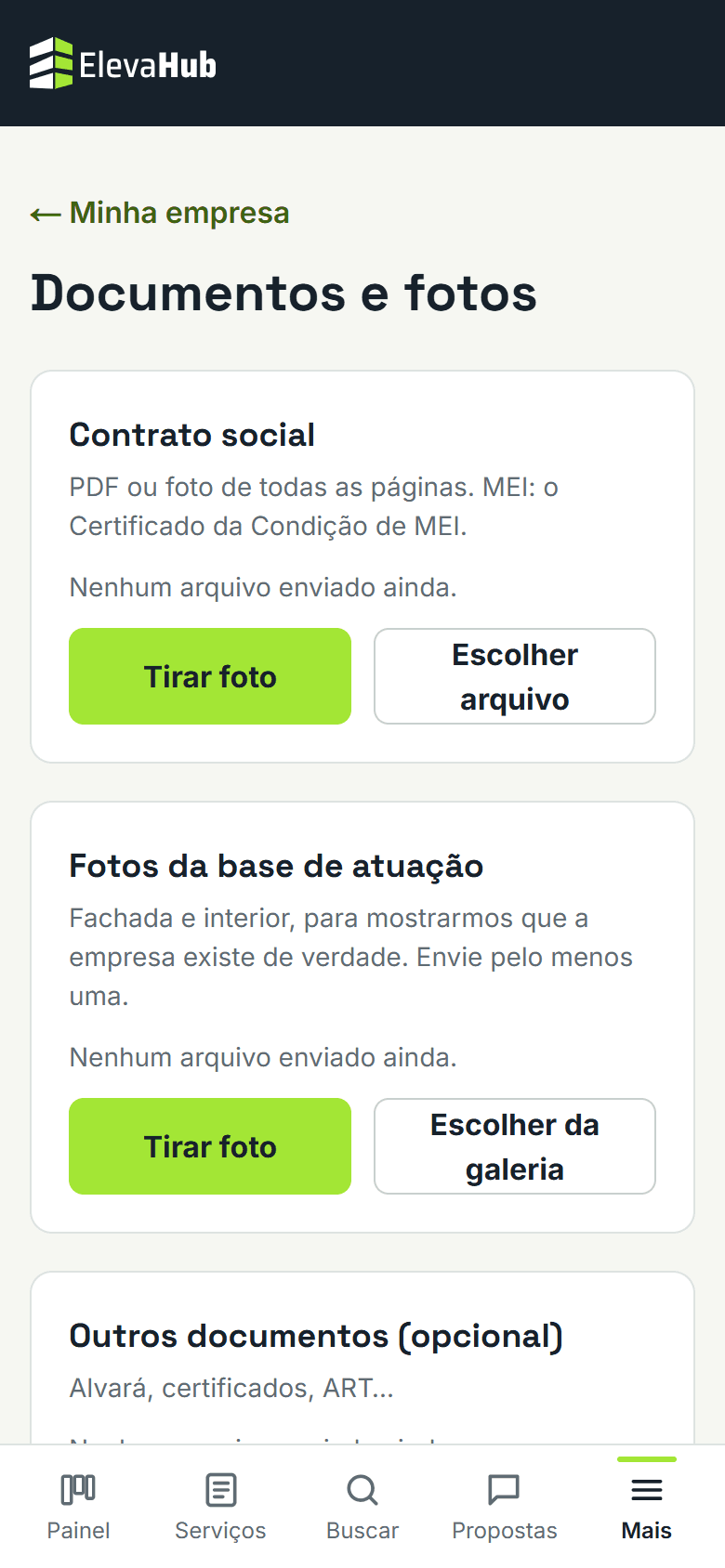 Tela do ElevaHub: Abra Documentos e fotos