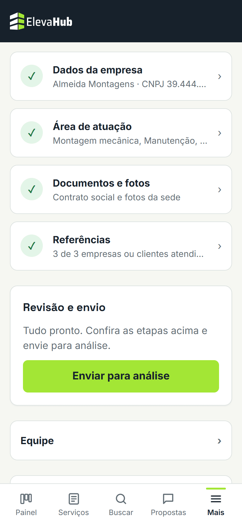 Tela do ElevaHub: Confira as etapas