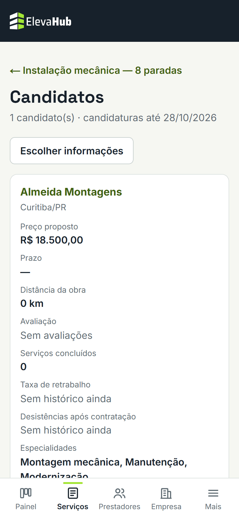 Tela do ElevaHub: Veja os candidatos