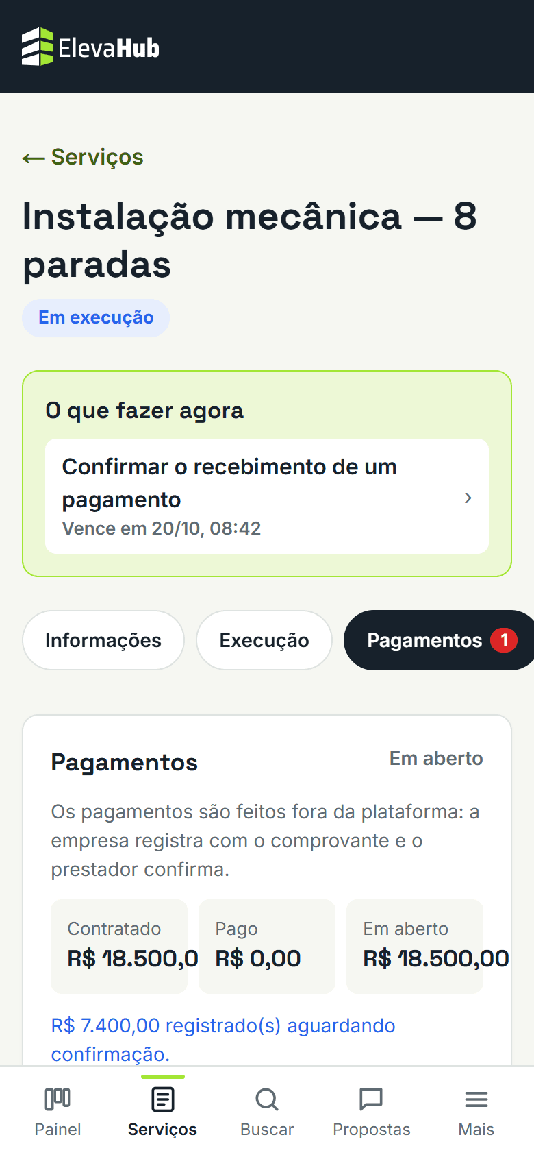 Tela do ElevaHub: Confirme cada pagamento