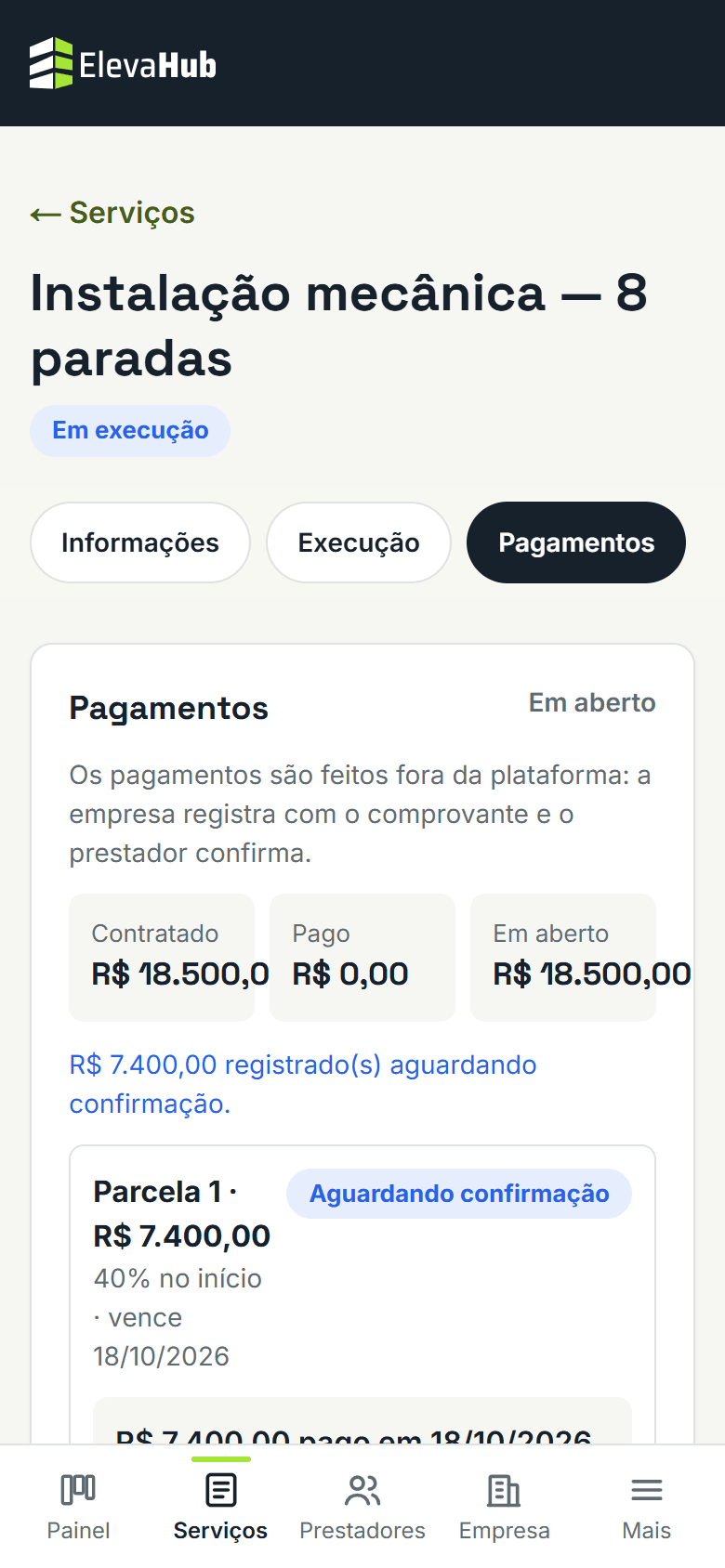 Tela do ElevaHub: Pague e registre