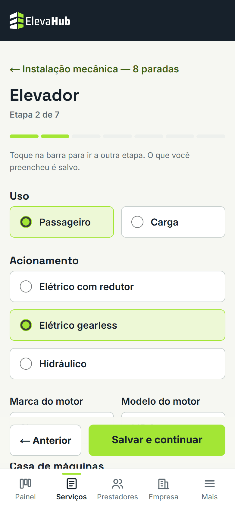 Tela do ElevaHub: Preencha as etapas