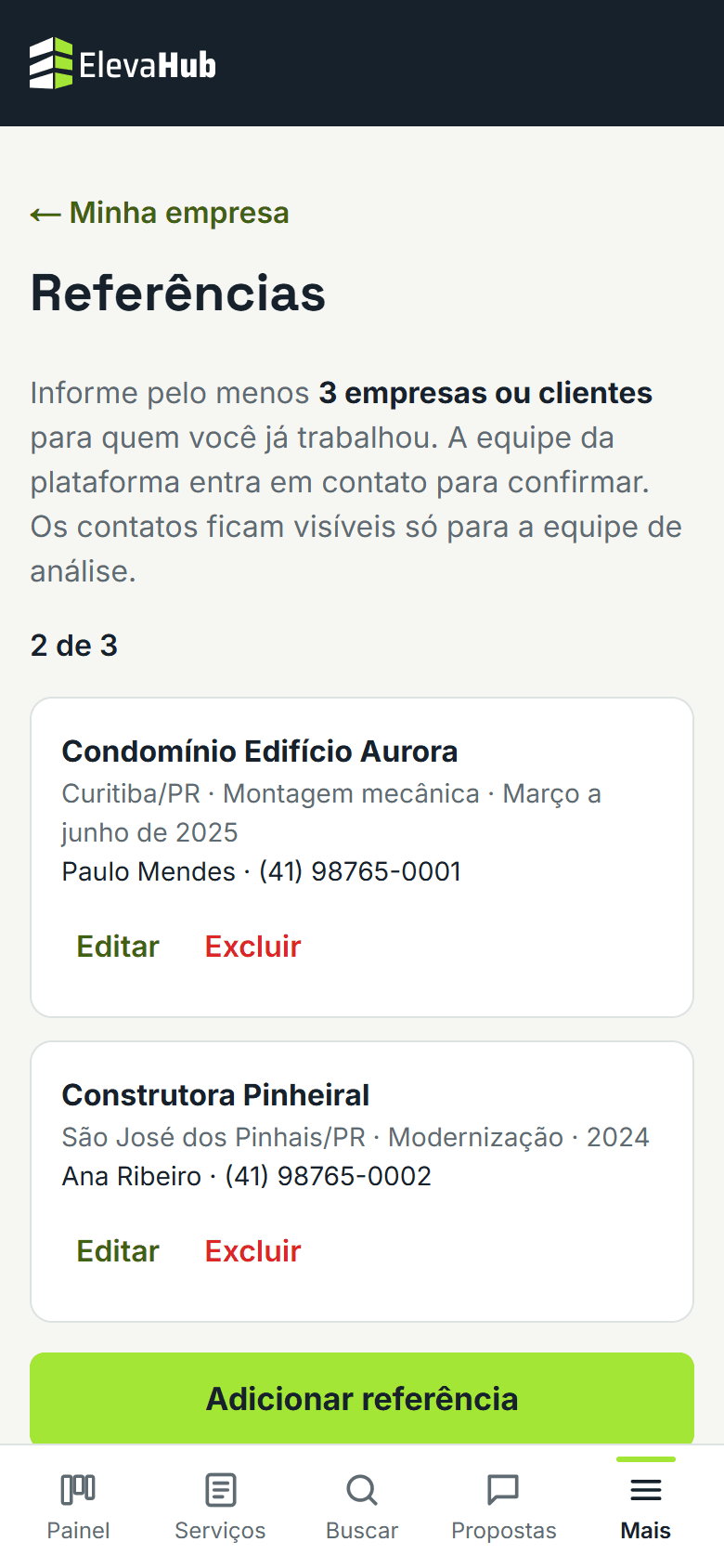 Tela do ElevaHub: Abra Referências