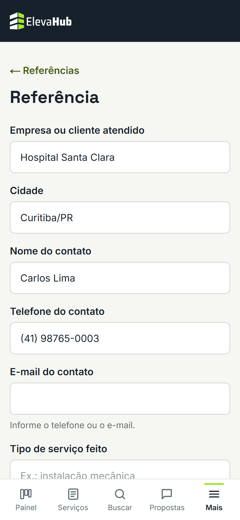Tela do ElevaHub: Adicione uma referência